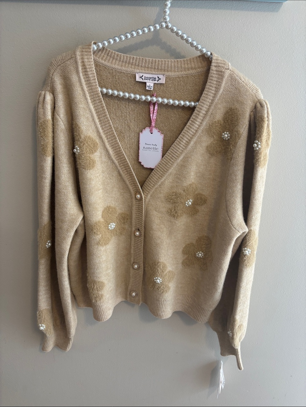 NEW Nanette Lepore Floral Cardigan Sweater Size L Beige Puff Sleeve Faux Pearl